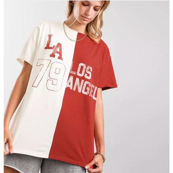 Gilded Intent Tops - Gilded Intent LA Distressed Oversized Graphic T-Shirt Sz S Split Colorblock Tee